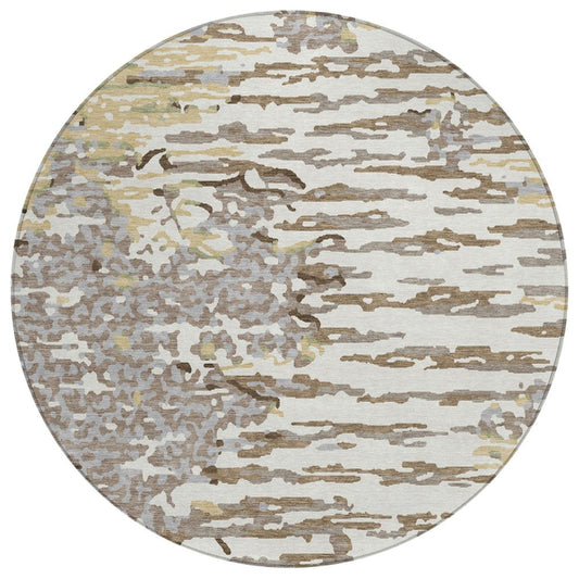 8' Ivory And Silver Round Abstract Washable Indoor Outdoor Area Rug