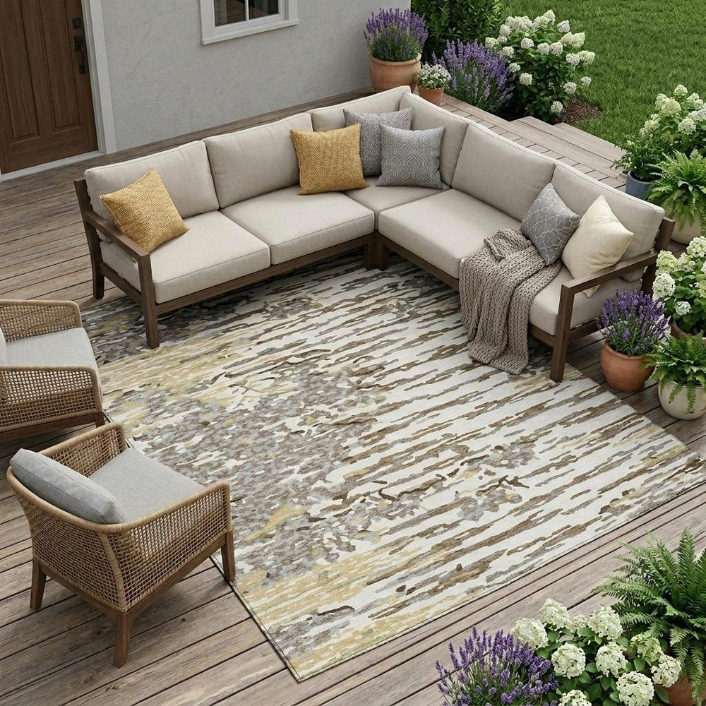 9' X 12' Ivory And Silver Abstract Washable Indoor Outdoor Area Rug — view 6
