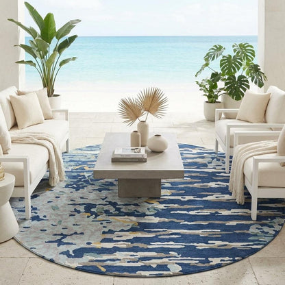 8' Navy Blue And Blue Round Abstract Washable Indoor Outdoor Area Rug HomeRoots