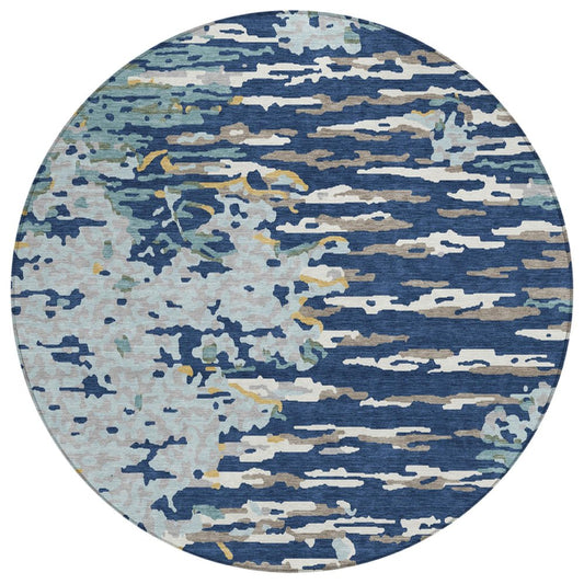8' Navy Blue And Blue Round Abstract Washable Indoor Outdoor Area Rug
