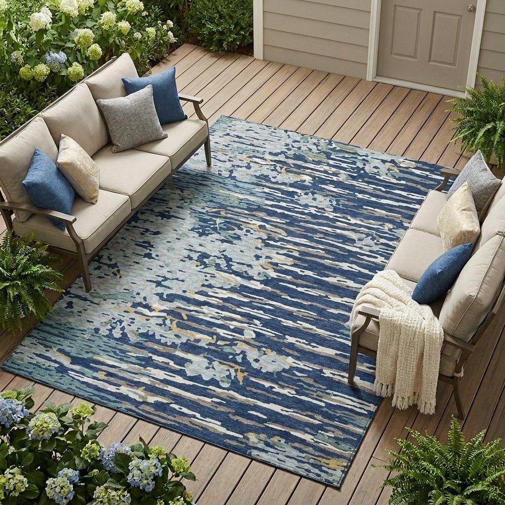 8' X 10' Navy Blue And Blue Abstract Washable Indoor Outdoor Area Rug — view 5