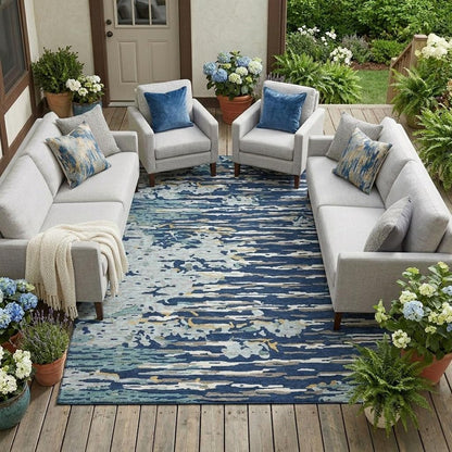 10' X 14' Navy Blue And Blue Abstract Washable Indoor Outdoor Area Rug HomeRoots