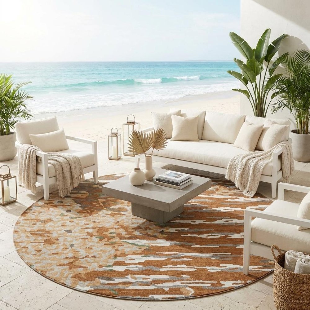 8' Orange And Beige Round Abstract Washable Indoor Outdoor Area Rug HomeRoots