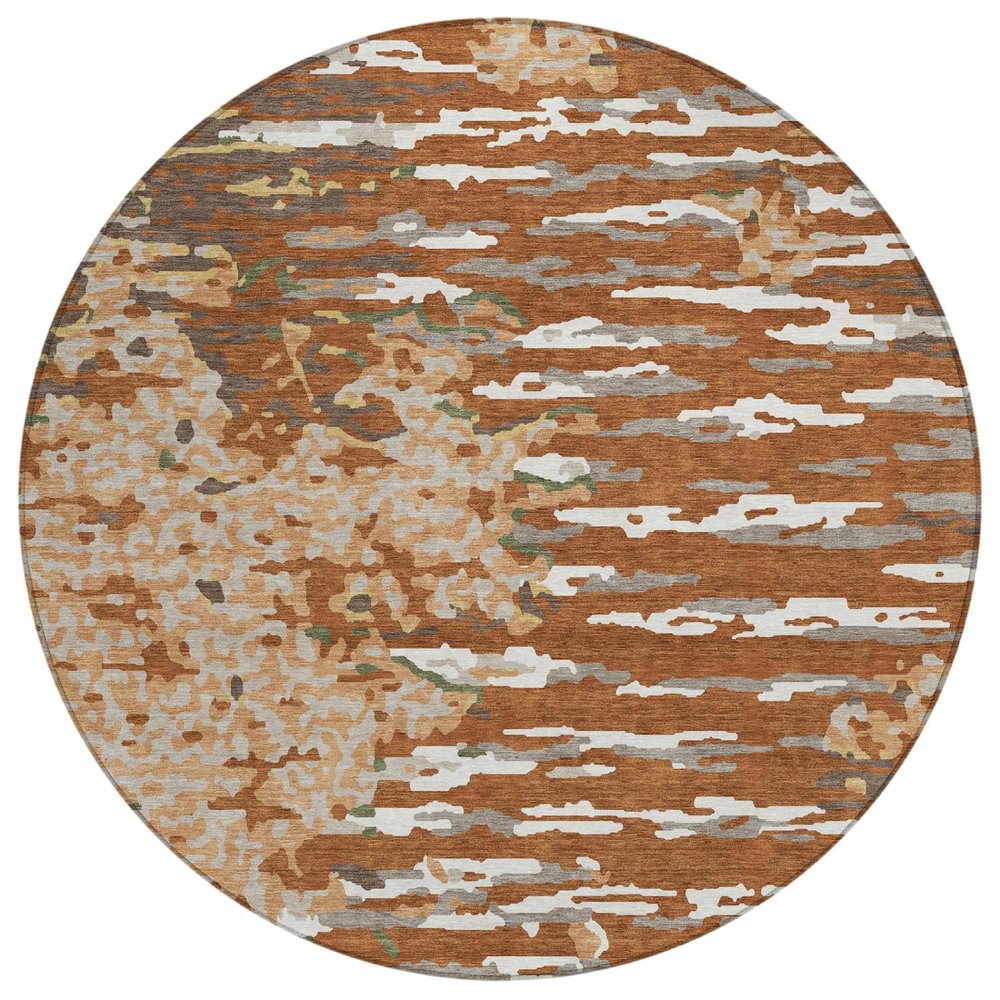 8' Orange And Beige Round Abstract Washable Indoor Outdoor Area Rug — view 2