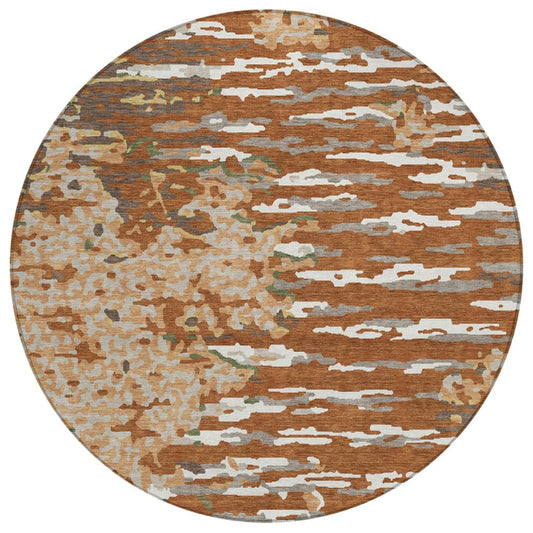 8' Orange And Beige Round Abstract Washable Indoor Outdoor Area Rug