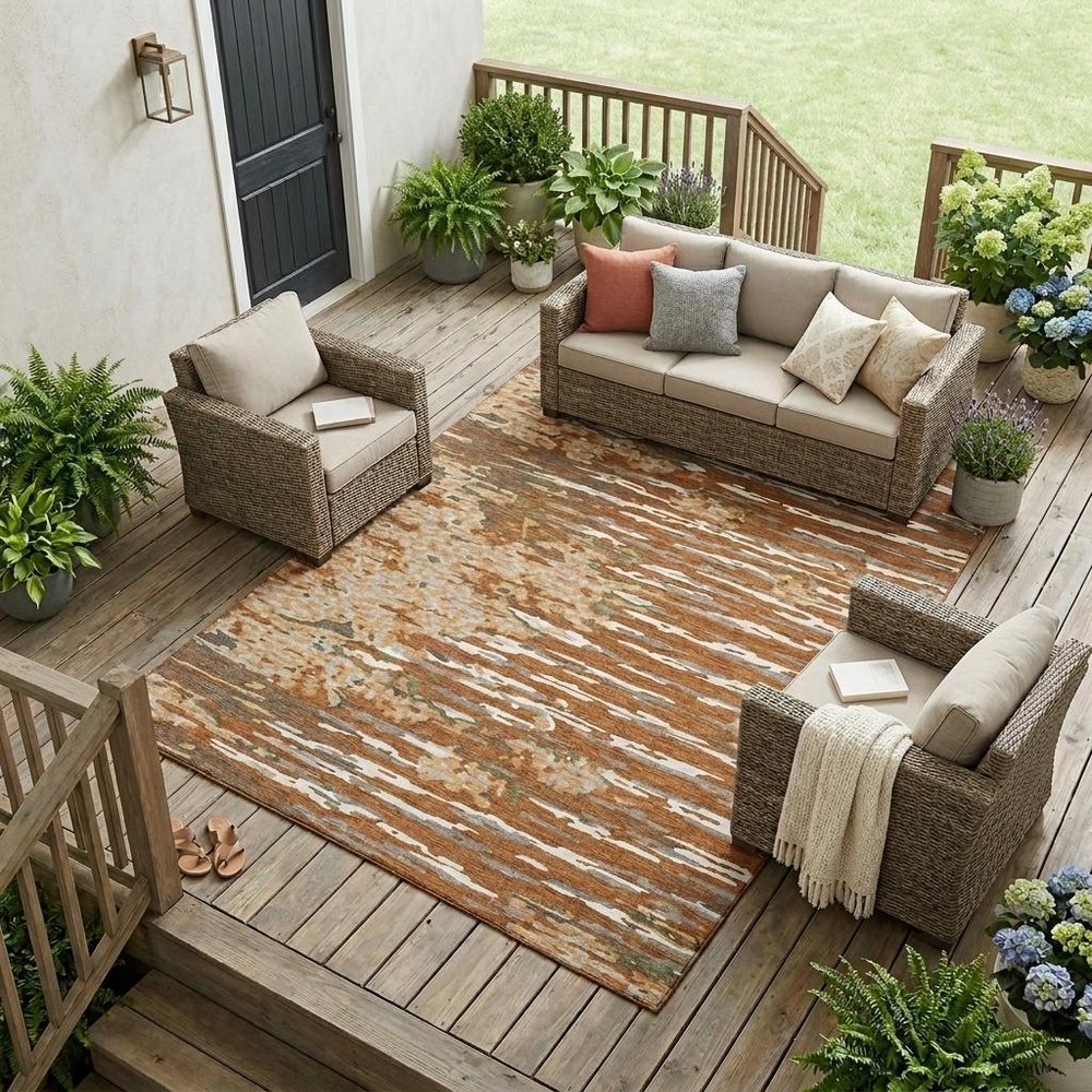 8' X 10' Orange And Beige Abstract Washable Indoor Outdoor Area Rug — view 5