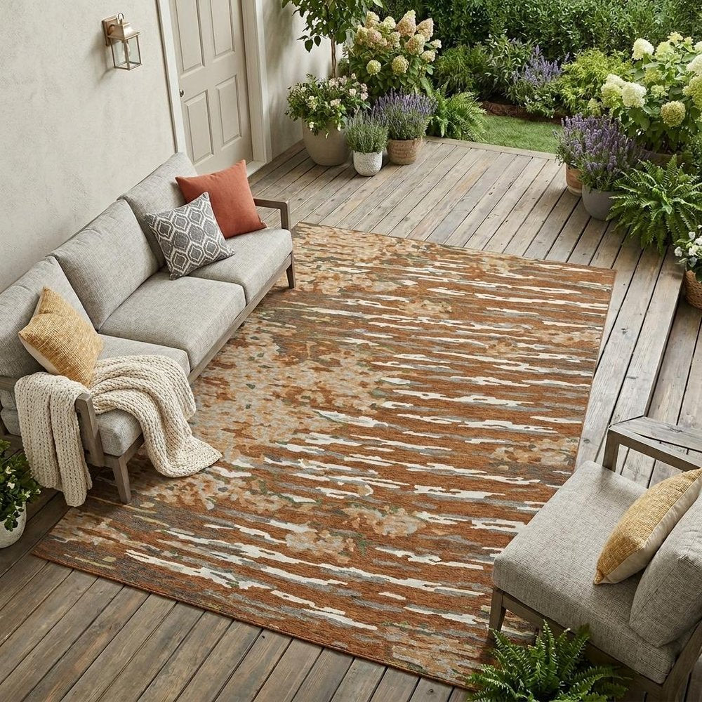9' X 12' Orange And Beige Abstract Washable Indoor Outdoor Area Rug — view 5