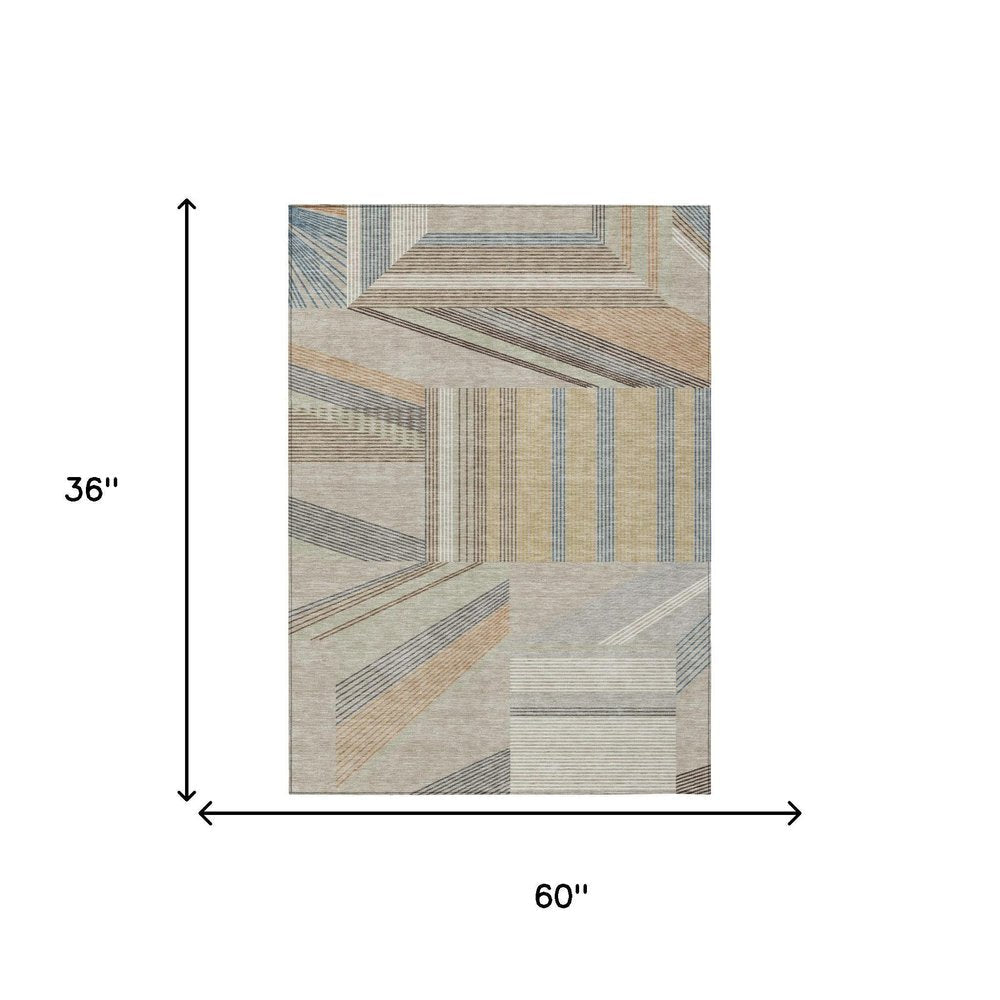 3' X 5' Beige And Brown Geometric Washable Indoor Outdoor Area Rug HomeRoots