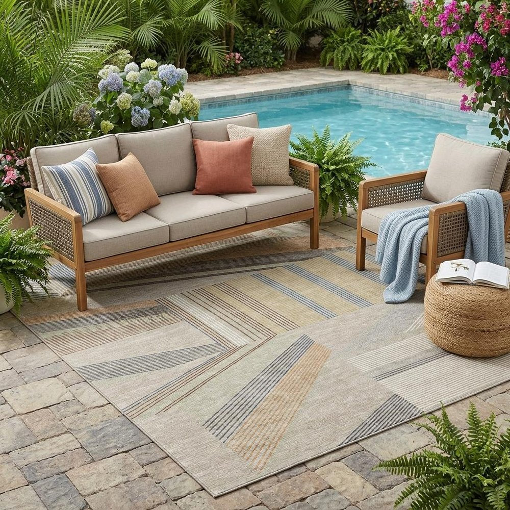 5' X 8' Beige And Brown Geometric Washable Indoor Outdoor Area Rug — view 5