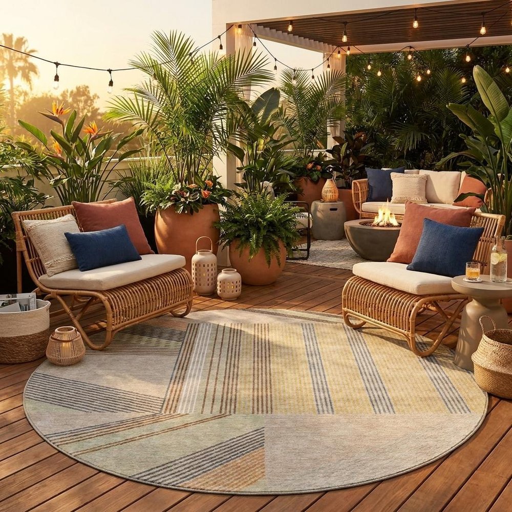 8' Beige And Brown Round Geometric Washable Indoor Outdoor Area Rug HomeRoots