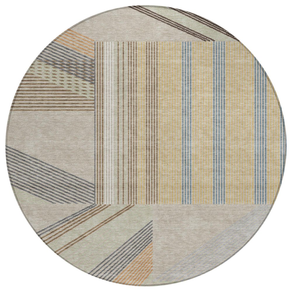8' Beige And Brown Round Geometric Washable Indoor Outdoor Area Rug HomeRoots