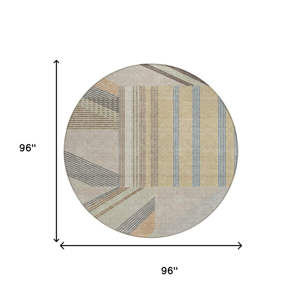 8' Beige And Brown Round Geometric Washable Indoor Outdoor Area Rug — view 4