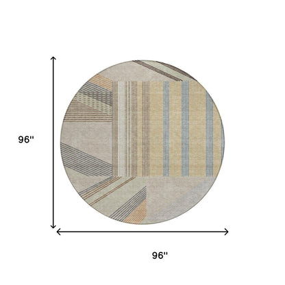 8' Beige And Brown Round Geometric Washable Indoor Outdoor Area Rug HomeRoots
