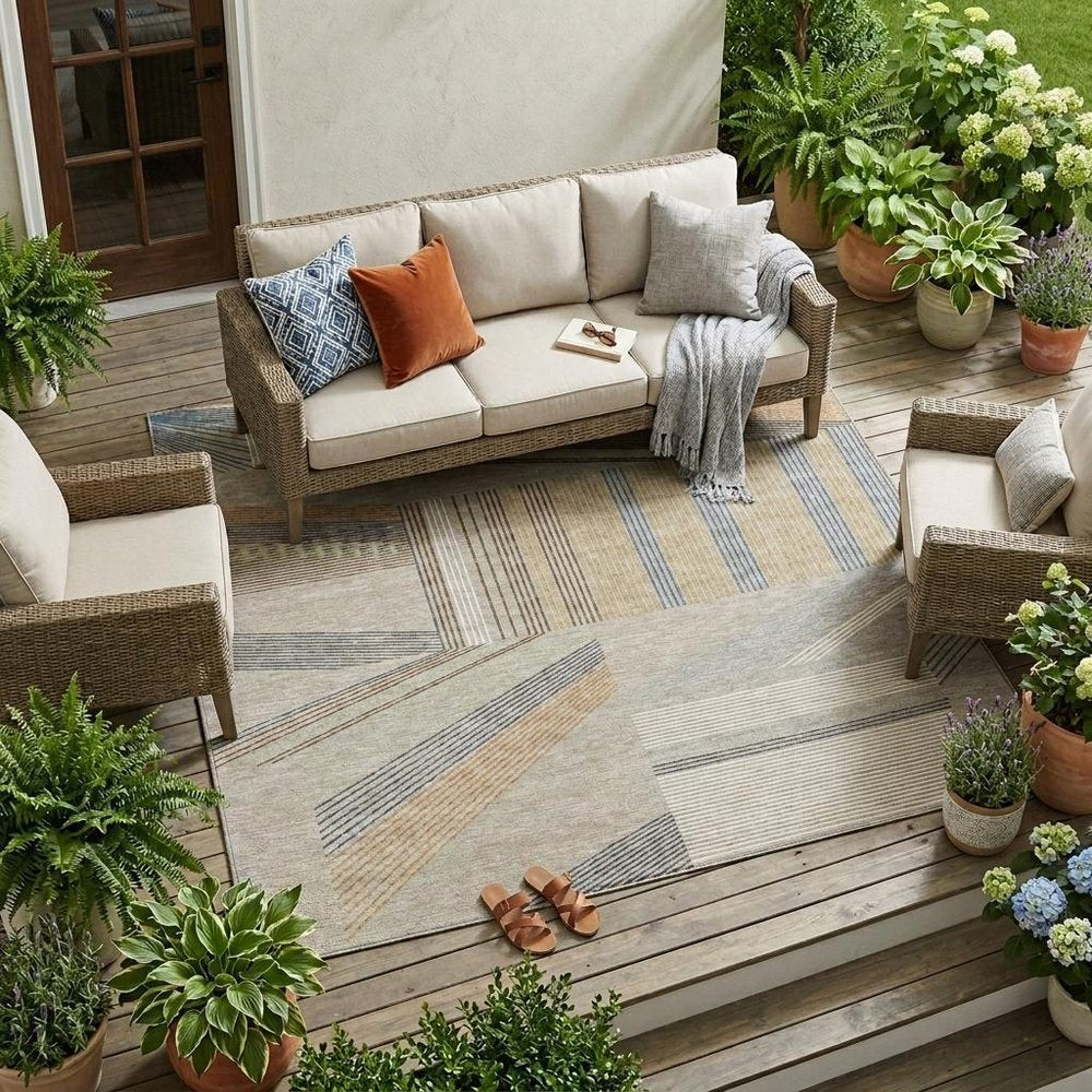 10' X 14' Beige And Brown Geometric Washable Indoor Outdoor Area Rug — view 10