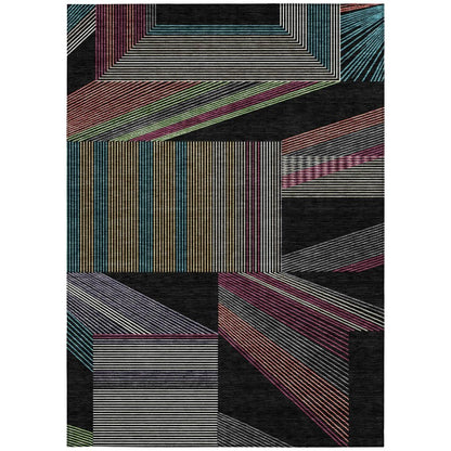 9' X 12' Black And Graphite Geometric Washable Indoor Outdoor Area Rug