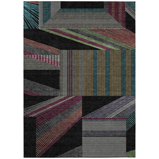 9' X 12' Black And Graphite Geometric Washable Indoor Outdoor Area Rug