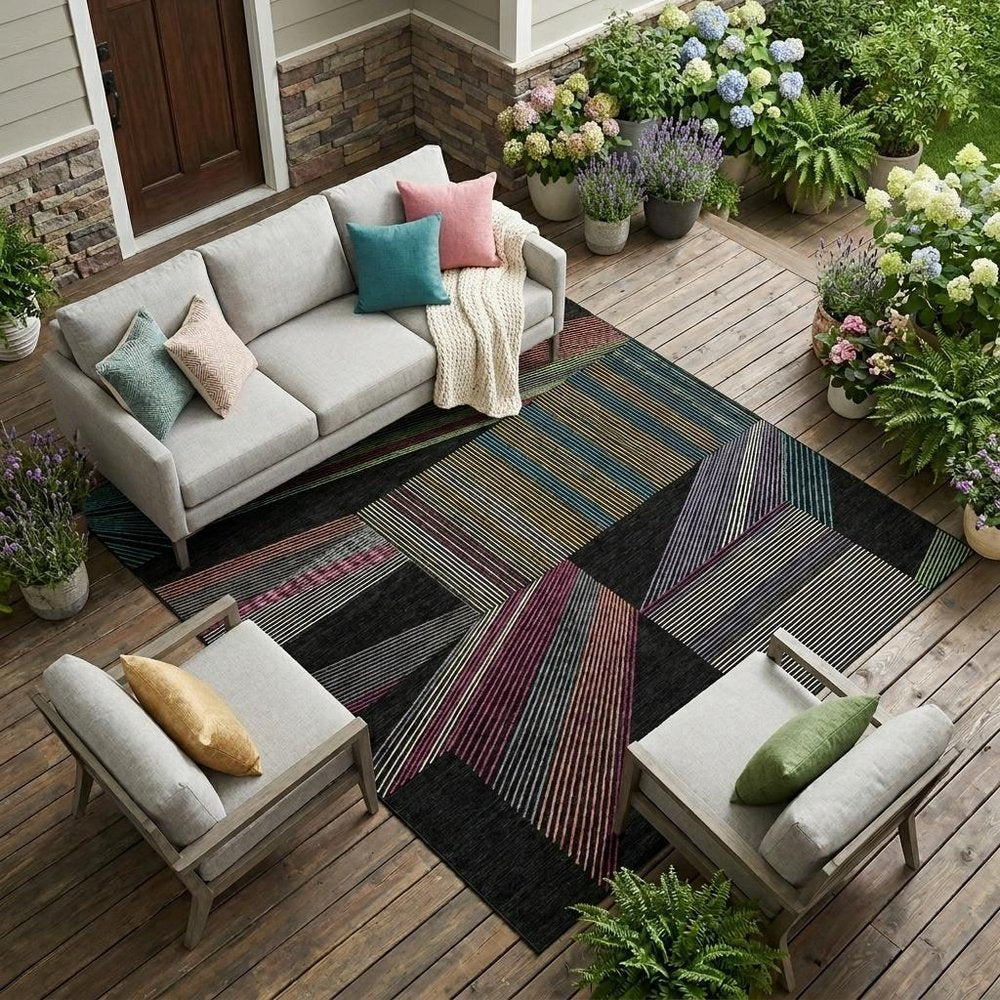 10' X 14' Black And Graphite Geometric Washable Indoor Outdoor Area Rug