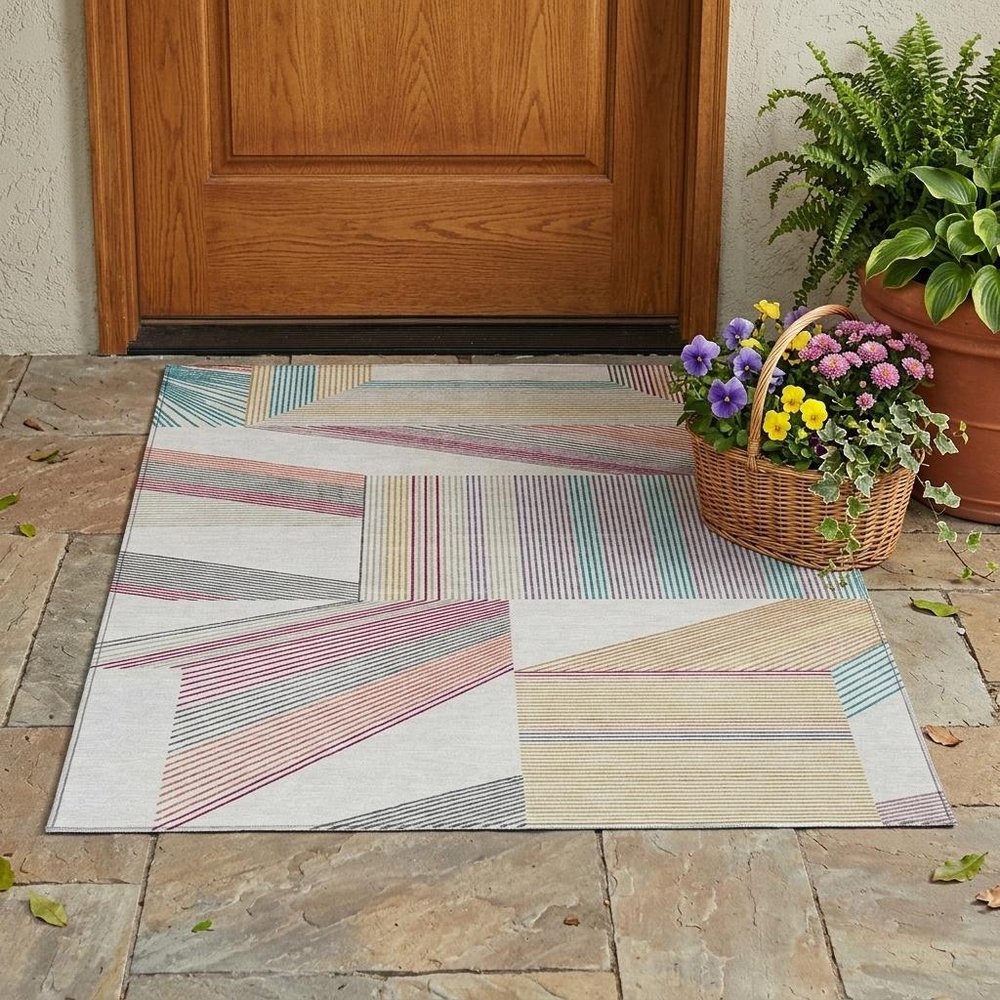 3' X 5' Ivory And Silver Geometric Washable Indoor Outdoor Area Rug — view 5