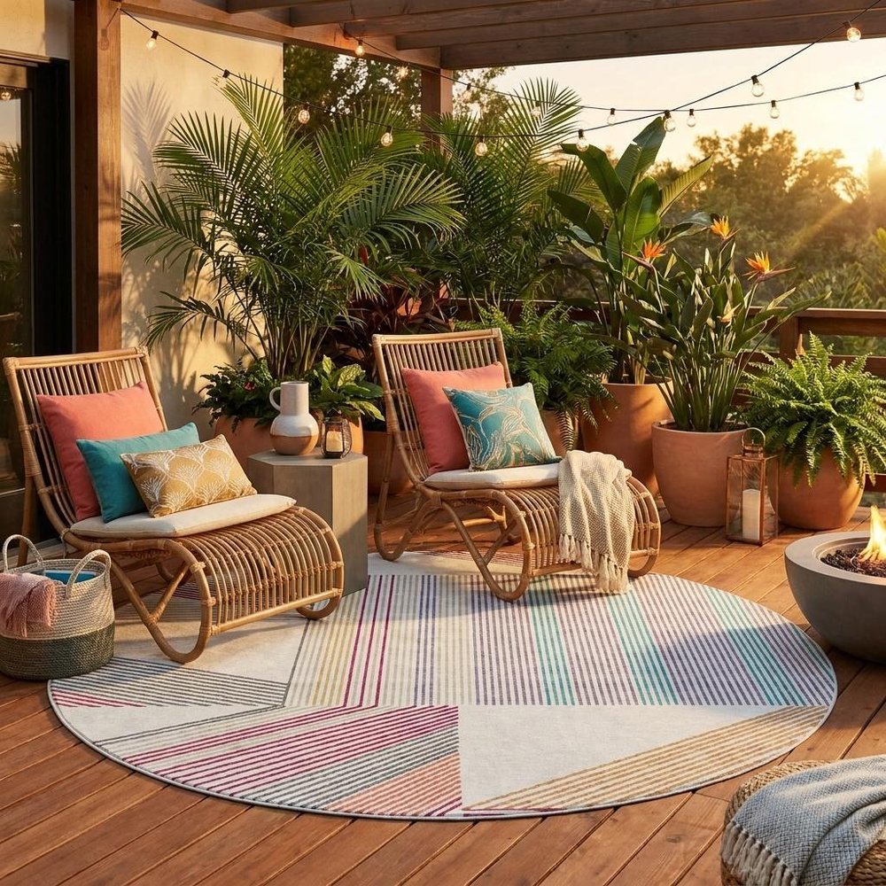 8' Ivory And Silver Round Geometric Washable Indoor Outdoor Area Rug HomeRoots