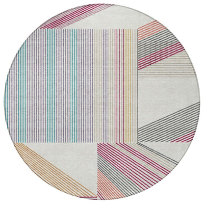 8' Ivory And Silver Round Geometric Washable Indoor Outdoor Area Rug