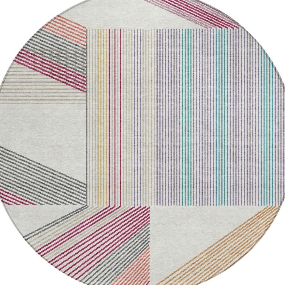 8' Ivory And Silver Round Geometric Washable Indoor Outdoor Area Rug