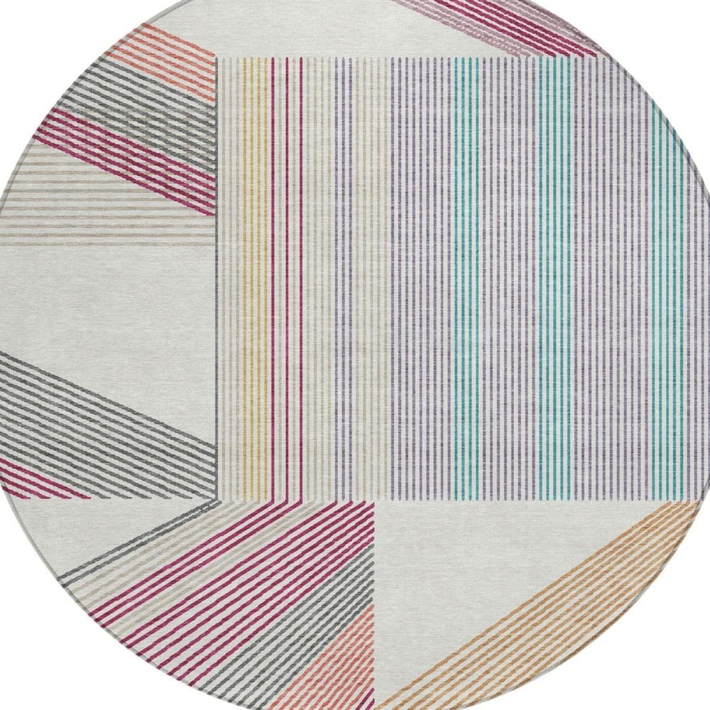 8' Ivory And Silver Round Geometric Washable Indoor Outdoor Area Rug