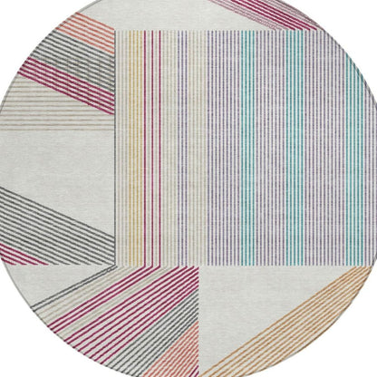8' Ivory And Silver Round Geometric Washable Indoor Outdoor Area Rug