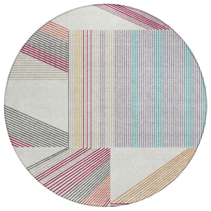 8' Ivory And Silver Round Geometric Washable Indoor Outdoor Area Rug HomeRoots