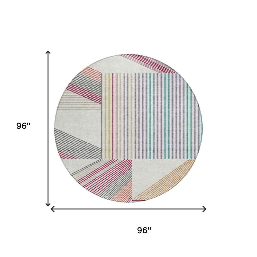 8' Ivory And Silver Round Geometric Washable Indoor Outdoor Area Rug HomeRoots