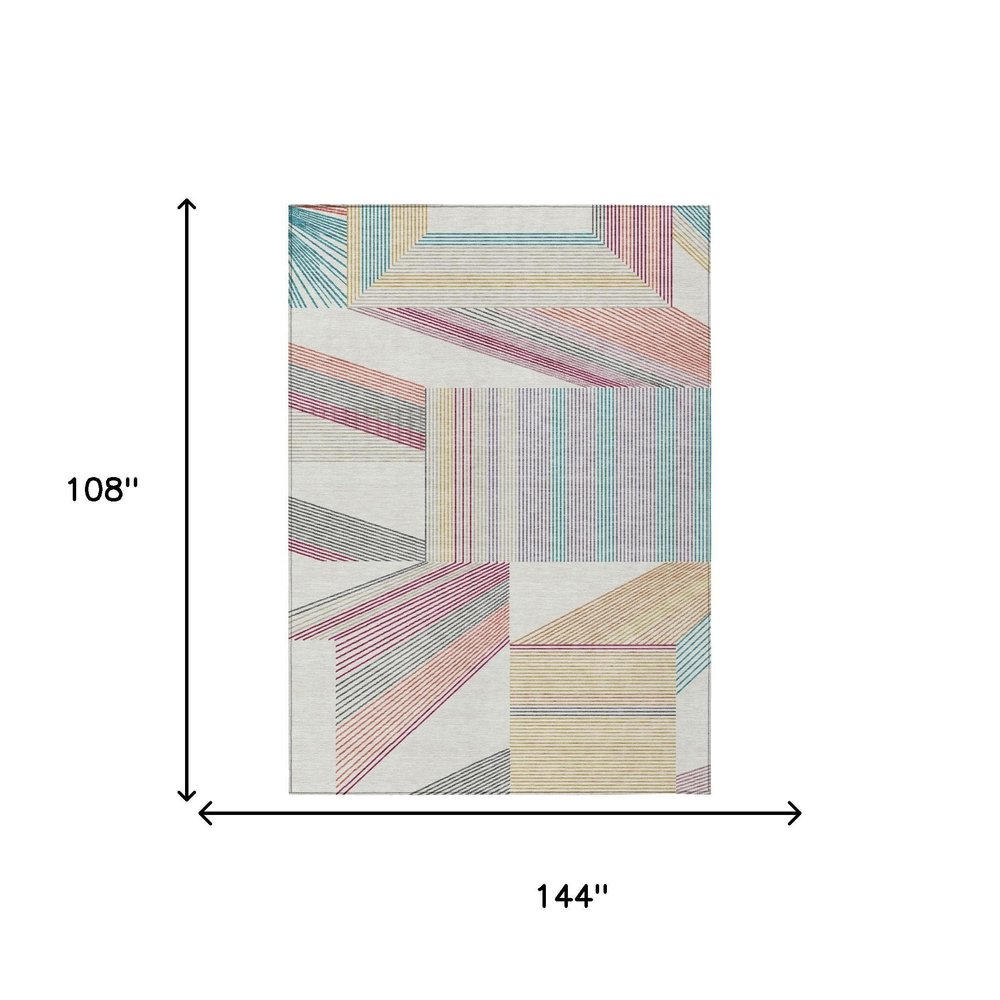 9' X 12' Ivory And Silver Geometric Washable Indoor Outdoor Area Rug — view 5