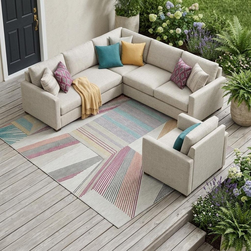 9' X 12' Ivory And Silver Geometric Washable Indoor Outdoor Area Rug — view 6