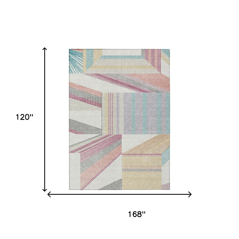 10' X 14' Ivory And Silver Geometric Washable Indoor Outdoor Area Rug — view 4