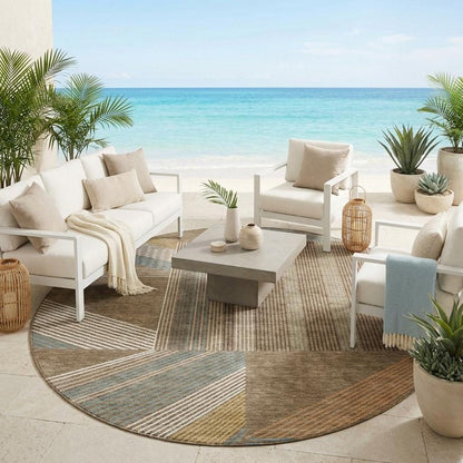 8' Brown And Gray Round Geometric Washable Indoor Outdoor Area Rug HomeRoots