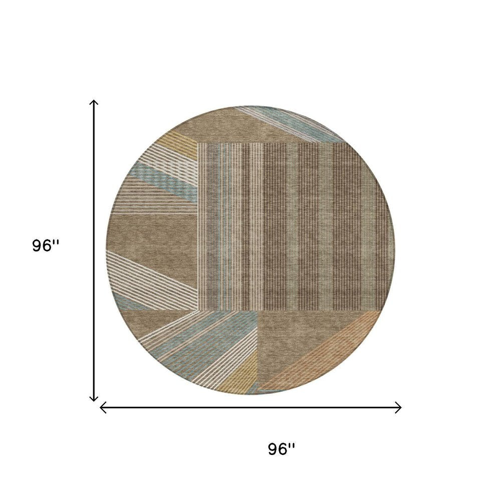 8' Brown And Gray Round Geometric Washable Indoor Outdoor Area Rug — view 4