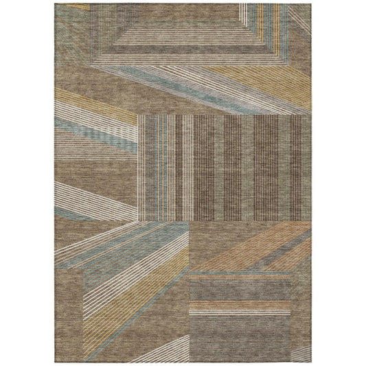 9' X 12' Brown And Gray Geometric Washable Indoor Outdoor Area Rug