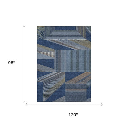 8' X 10' Navy Blue And Blue Geometric Washable Indoor Outdoor Area Rug
