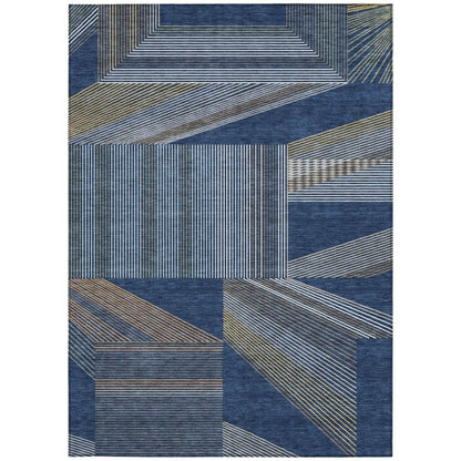 8' X 10' Navy Blue And Blue Geometric Washable Indoor Outdoor Area Rug