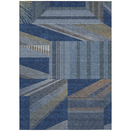 8' X 10' Navy Blue And Blue Geometric Washable Indoor Outdoor Area Rug