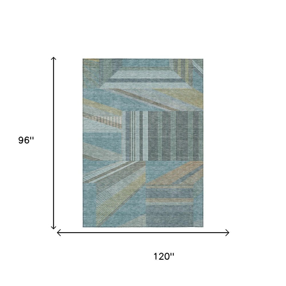 8' X 10' Teal Blue And Graphite Geometric Washable Indoor Outdoor Area Rug — view 4