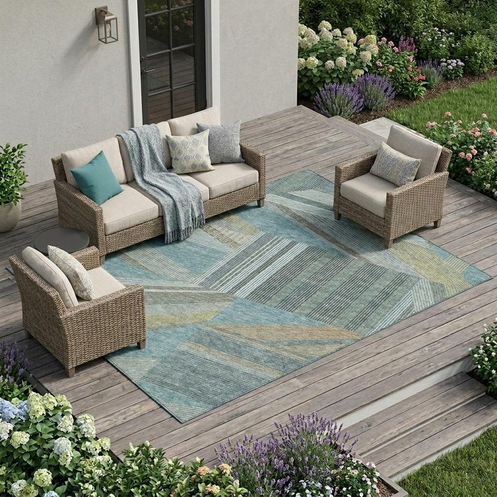 8' X 10' Teal Blue And Graphite Geometric Washable Indoor Outdoor Area Rug