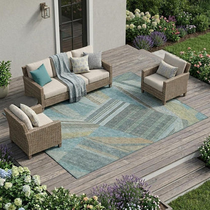 8' X 10' Teal Blue And Graphite Geometric Washable Indoor Outdoor Area Rug HomeRoots