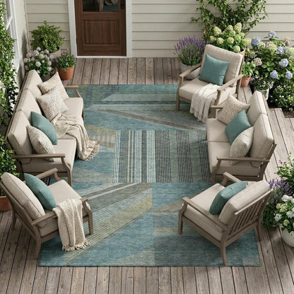 9' X 12' Teal Blue And Graphite Geometric Washable Indoor Outdoor Area Rug HomeRoots