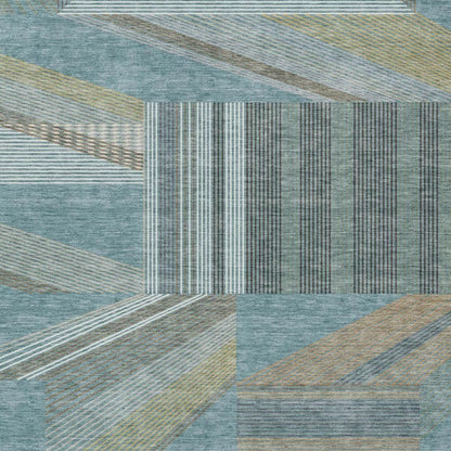 9' X 12' Teal Blue And Graphite Geometric Washable Indoor Outdoor Area Rug