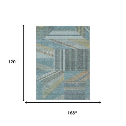 10' X 14' Teal Blue And Graphite Geometric Washable Indoor Outdoor Area Rug HomeRoots