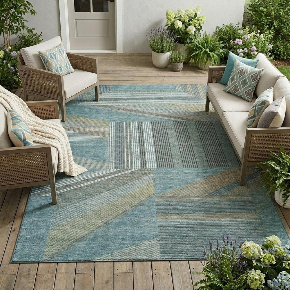 10' X 14' Teal Blue And Graphite Geometric Washable Indoor Outdoor Area Rug HomeRoots
