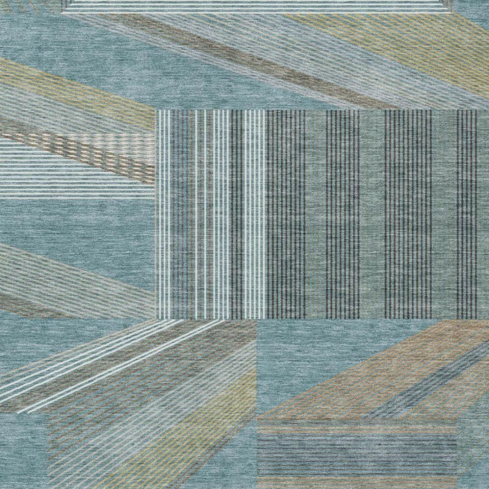 10' X 14' Teal Blue And Graphite Geometric Washable Indoor Outdoor Area Rug