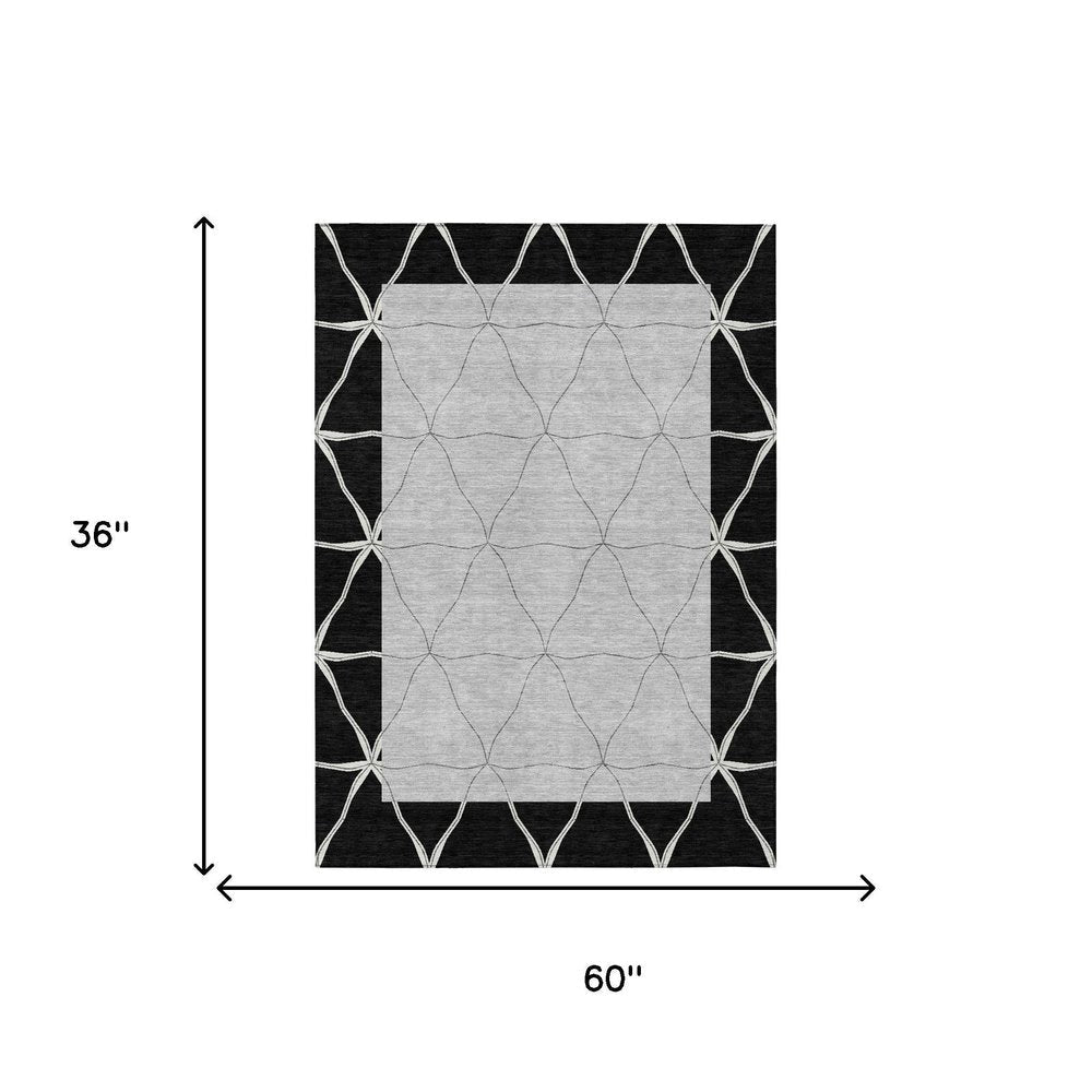 3' X 5' Black And Silver Geometric Washable Indoor Outdoor Area Rug — view 4