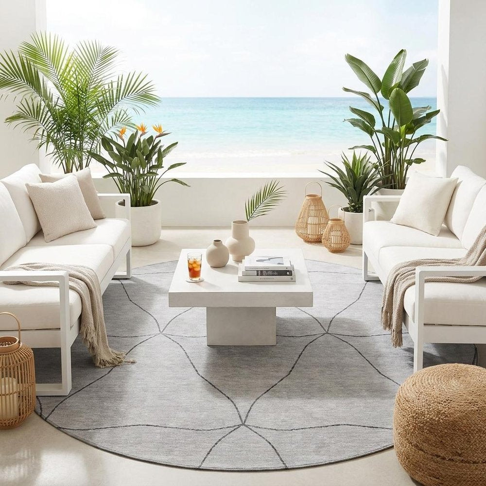 8' Black And Silver Round Geometric Washable Indoor Outdoor Area Rug HomeRoots