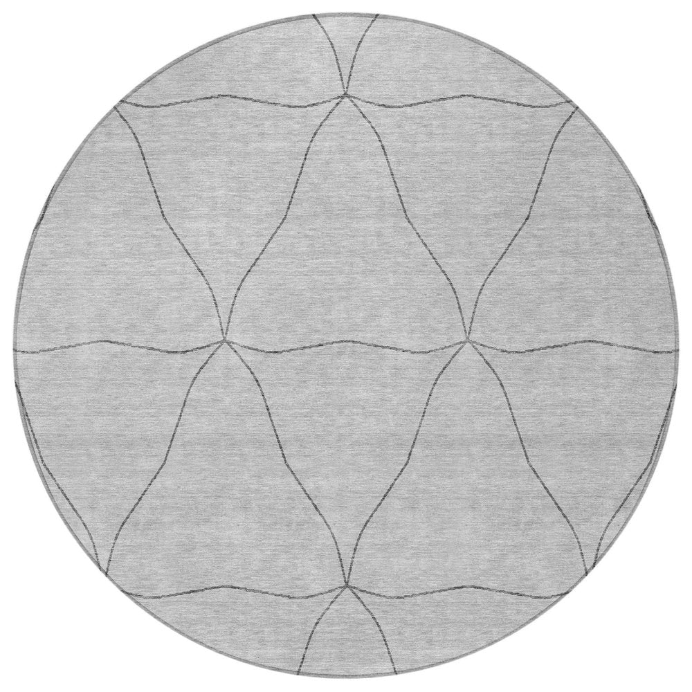 8' Black And Silver Round Geometric Washable Indoor Outdoor Area Rug