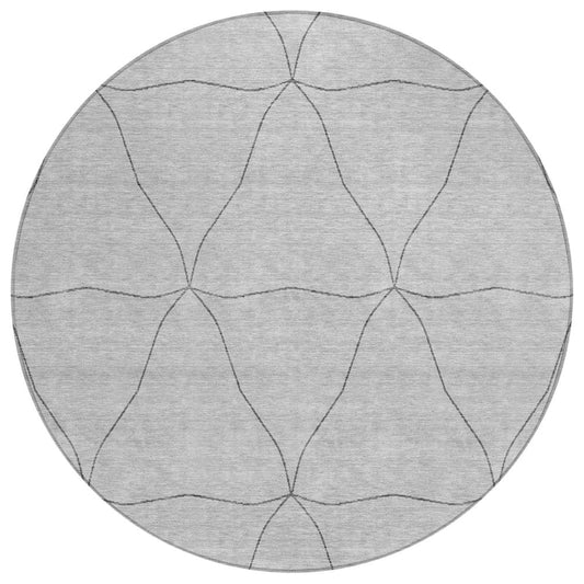 8' Black And Silver Round Geometric Washable Indoor Outdoor Area Rug